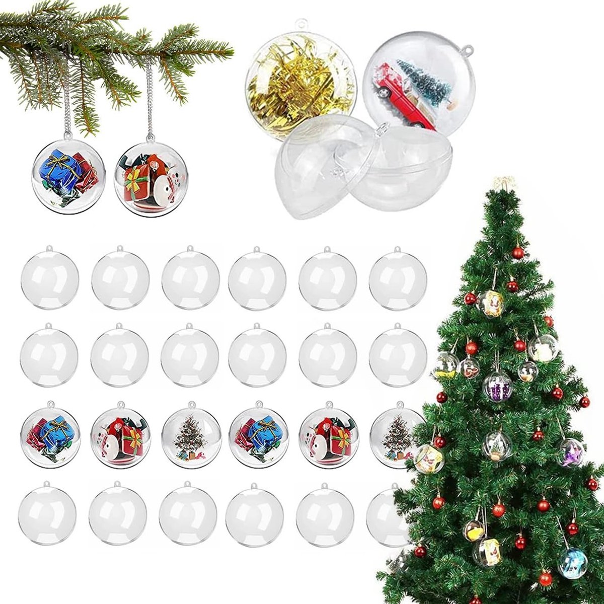 Dailygoods- Kerstballen Transparant - 24 Stuks - Kunststof - Decoratieve Ballen - Ophangen - Creatieve Versiering - 4 x 6,7 cm - Decoratieballen