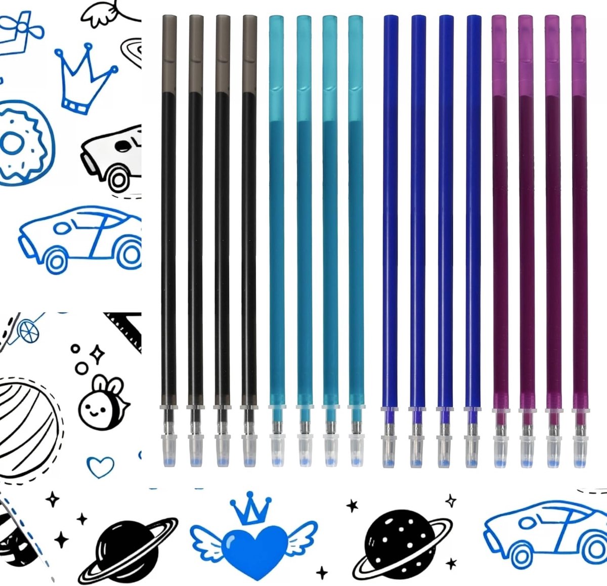 16 navullingen voor pennen, 4 blauwe, 4 zwarte, 4 turquoise, 4 paarse, 13 cm lang, geschikt voor standaard 0.7mm pennen en navullingen