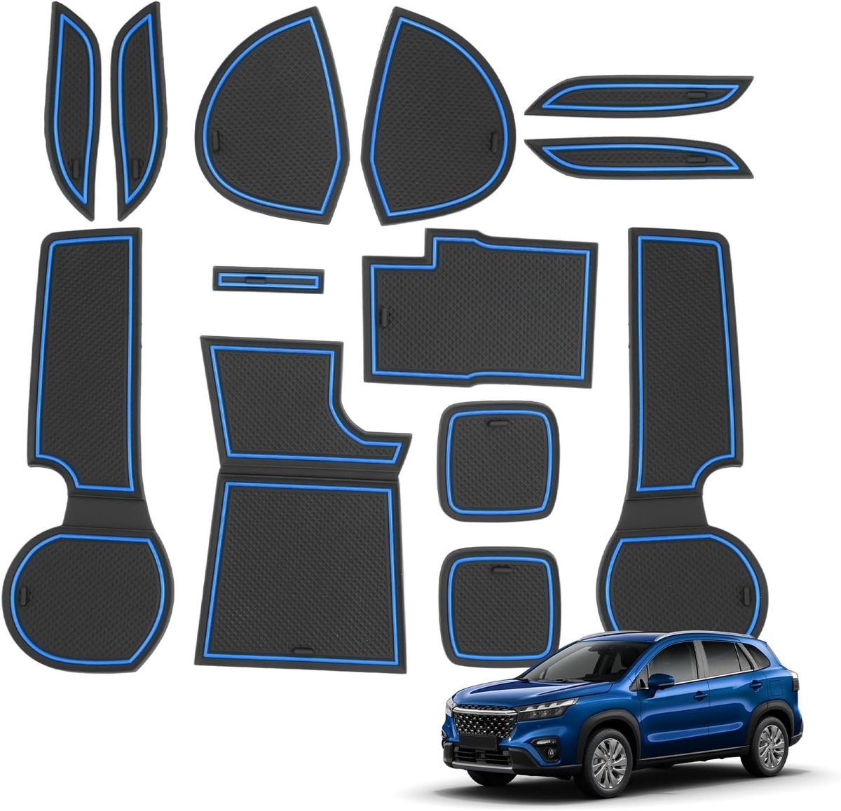 Rubbermatten voor Console, Bekershouder en Deurcompartimenten voor S-Cross III (2022-2025) - Geschikt voor S Cross Hybrid - Duurzaam, Antislip en Waterdicht