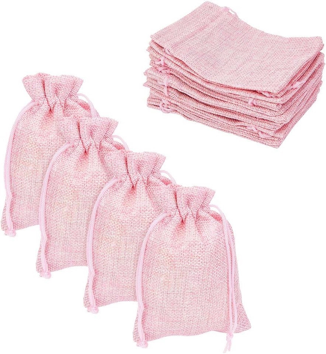 Set van 50 Roze Jute Tassen, Linnen Tassen, Herbruikbare Cadeautassen voor Bruiloft, Verjaardag, Babyshower en Kerst, 13.5 x 9.5 cm, Milieuvriendelijk en Duurzaam