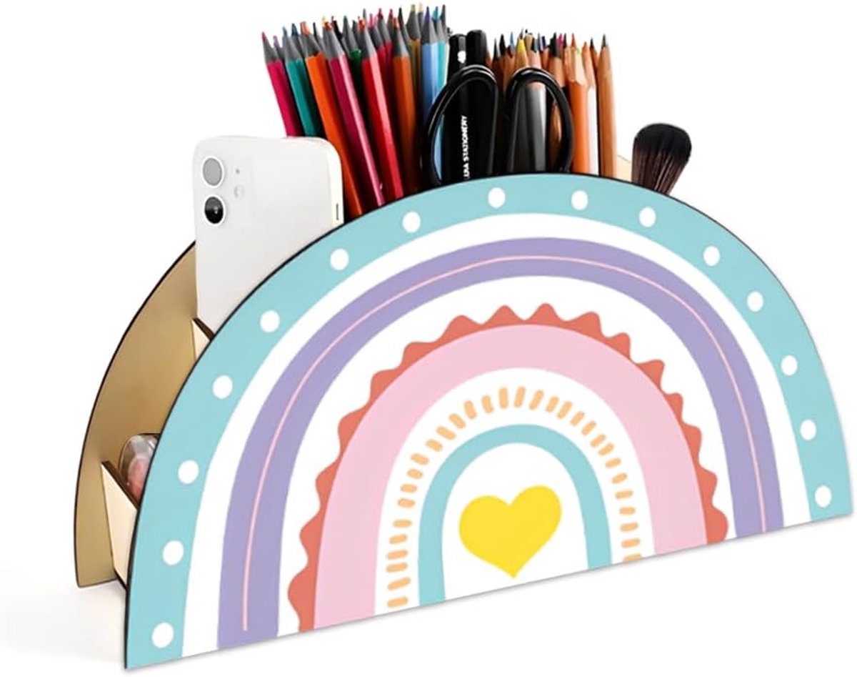 Thijox - Rainbow Pennenhouder voor Kinderen, Houten Bureau-Organizer, Kleurrijke Schrijfwarenbox voor Potloden, Balpennen, Krijt, Markers, Cosmetica,