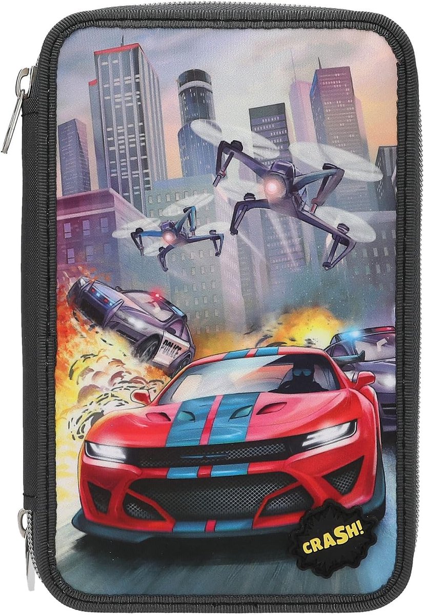 Thijox - Gevulde 3-vaks etui donkergrijs met LED, raceauto, politieauto en drone, inclusief kleurpotloden, schaar, liniaal en meer voor school en crea
