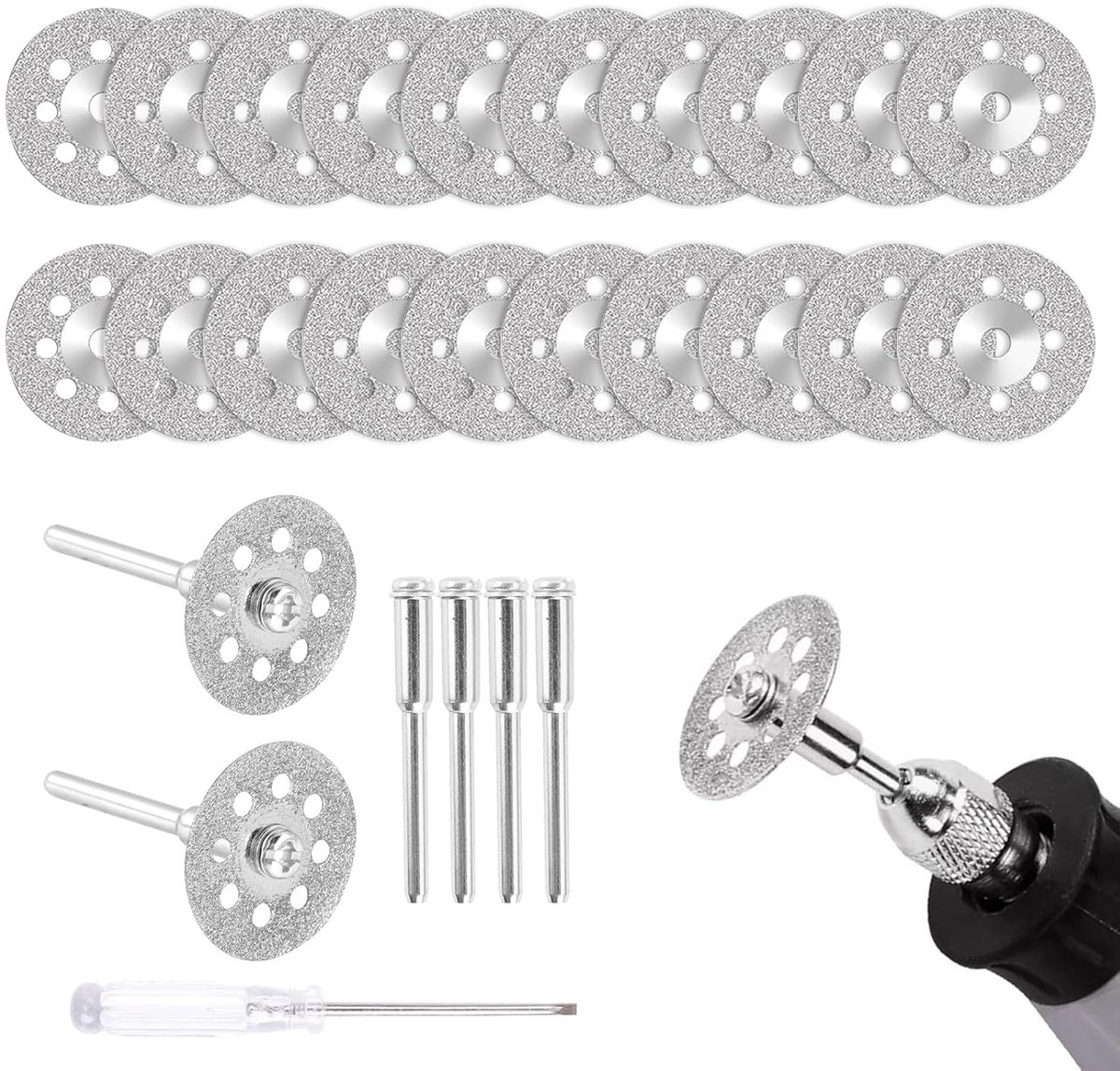 Snijdisc met 20 Stuks voor Rotatietools - 22 mm en 4 Stuks 3 mm Mandrel voor Steen, Glas en Tegels
