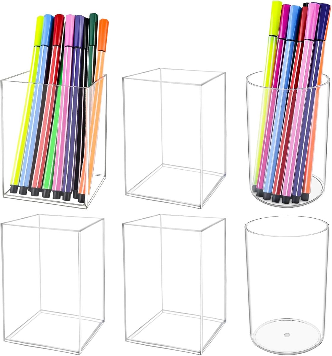 SnelShoppen - Acrylic Pen Holder Set - 6 Stuks Doorzichtige Pennenhouders, Make-up Borstels Houder, Balpen & Potlood Houder voor Thuis, School, Kantoo