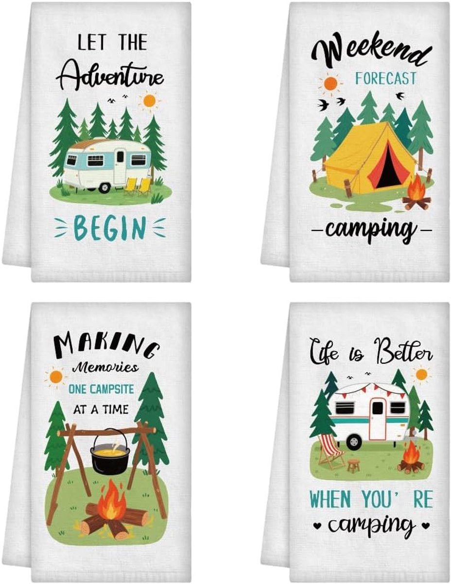4 Stijlen Camping Themed Handdoeken, Grappige Bonfire en Tent Keuken Doeken, Zacht en Absorberend voor Koken en Bakken, Perfect als Cadeau voor Feestdagen en Huizenwarming, 50 x 40cm
