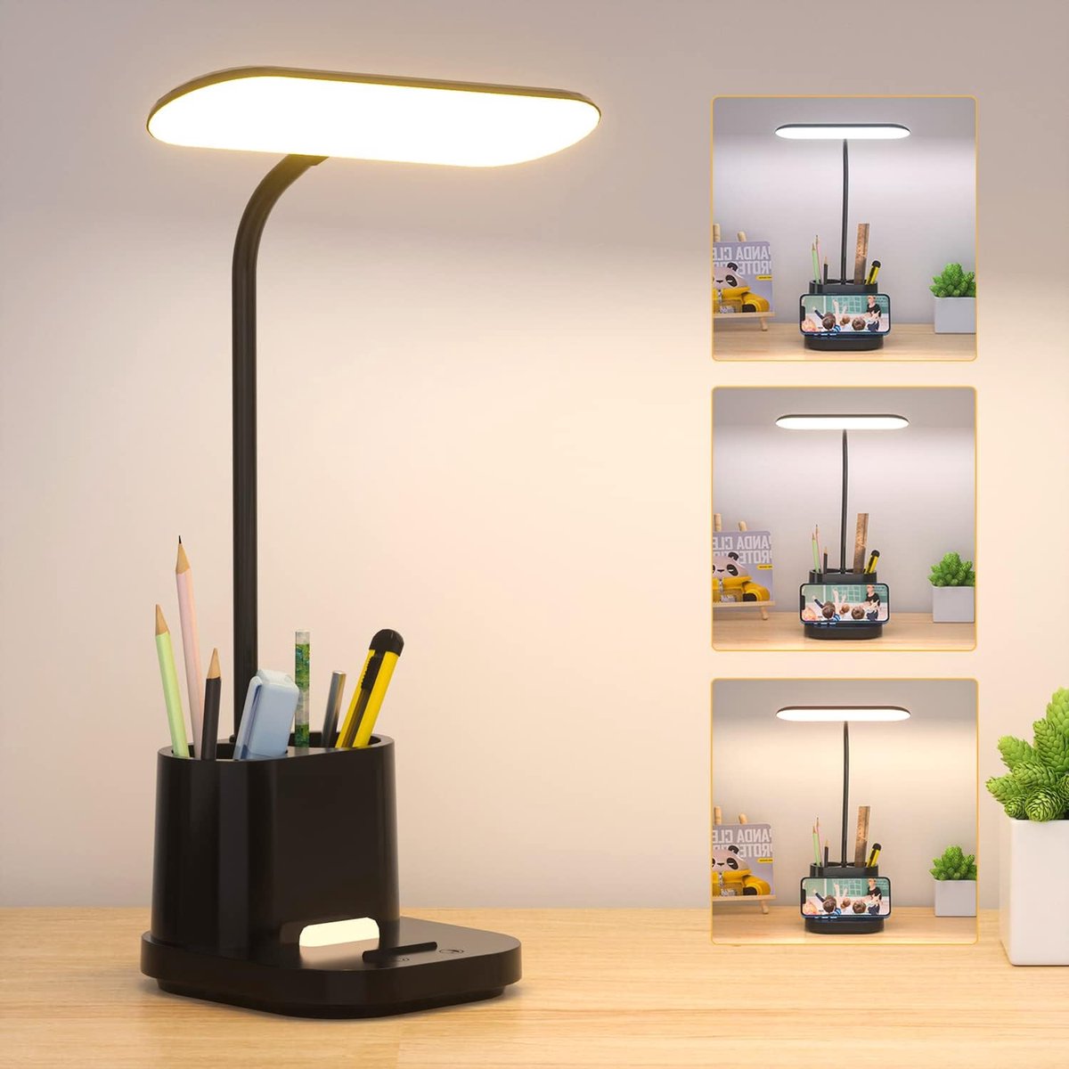 SnelShoppen - LED Bureau Lamp met Penhouder en Telefoonhouder, Oplaadbare Tafel Lamp voor Kinderen, 3 Verlichtingsmodi, Nachtlampje voor Lezen, Desk L