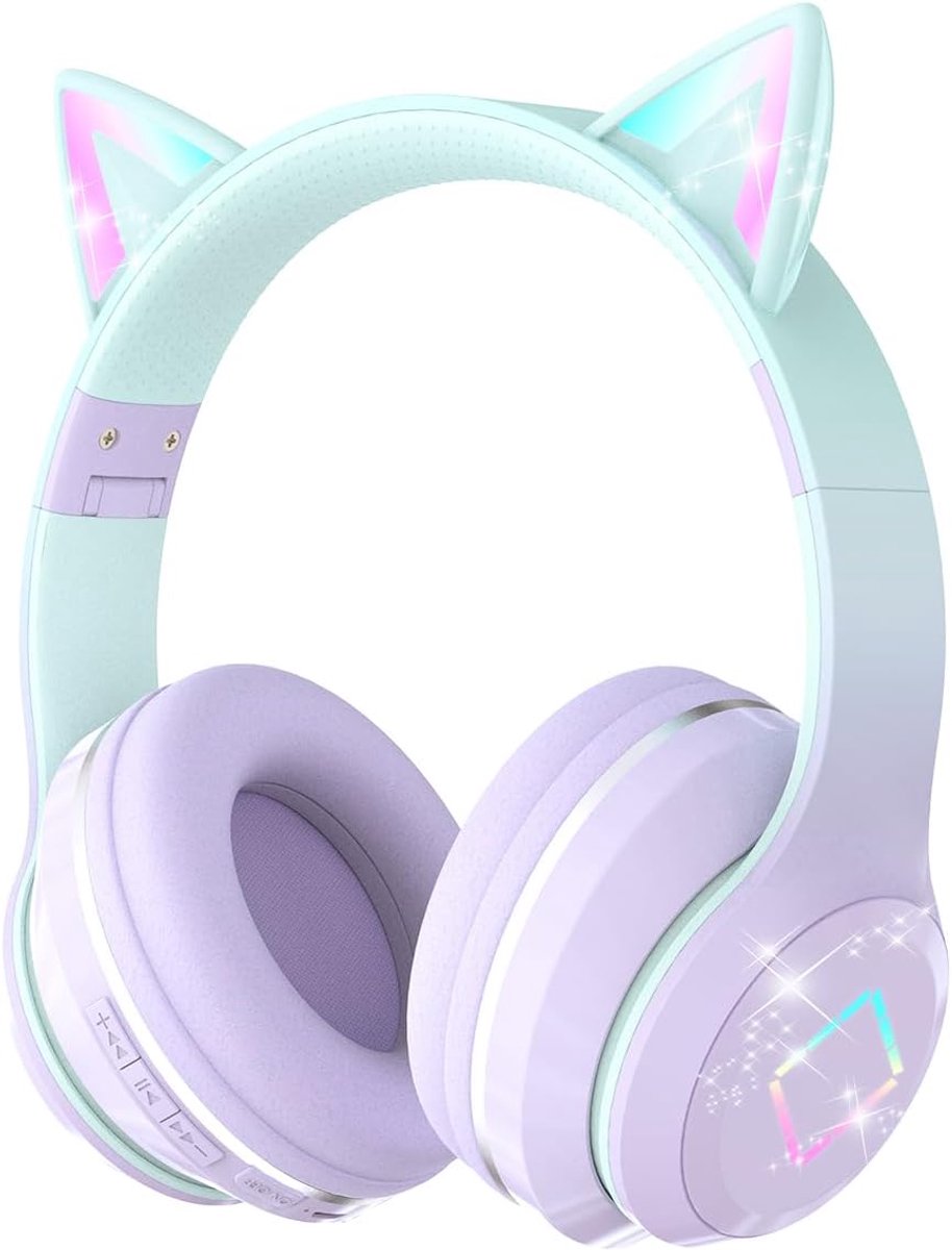 Thijox - Bluetooth Hoofdtelefoon Kinderen - Kattenoren LED Oplichtend - Draadloze Stereogeluid Hoofdtelefoon - Opvouwbaar & Verstelbaar - Kinderhoofdt