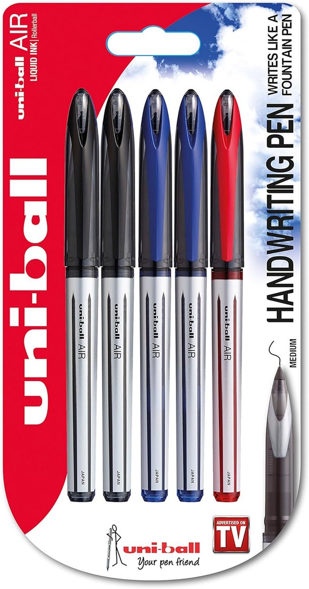 Thijox - Vulpen Tip 0,7 mm Air Rollerball pennen, 5 Pack met zwarte, rode en blauwe Super Ink, perfect voor school, kantoor en creatief gebruik