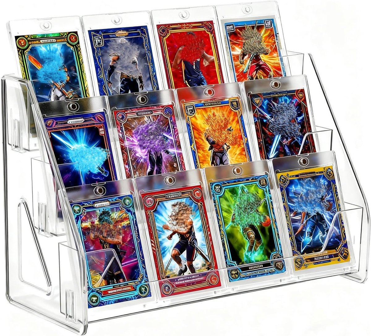Transparante Display Stand met 3 Niveaus - Verticale PET Rack voor Top Loaders, Magnetische Houder en Verzamelaarskaarten