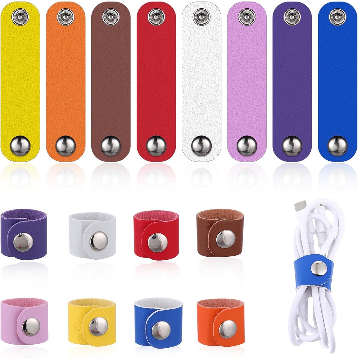 Thijox - 16 Stuks Kleurrijke Leren Kabelorganizers - Multifunctionele Kabelbinders van PU-Leer - Herbruikbare Kabelhouders in 8 Kleuren voor Thuis, Ka