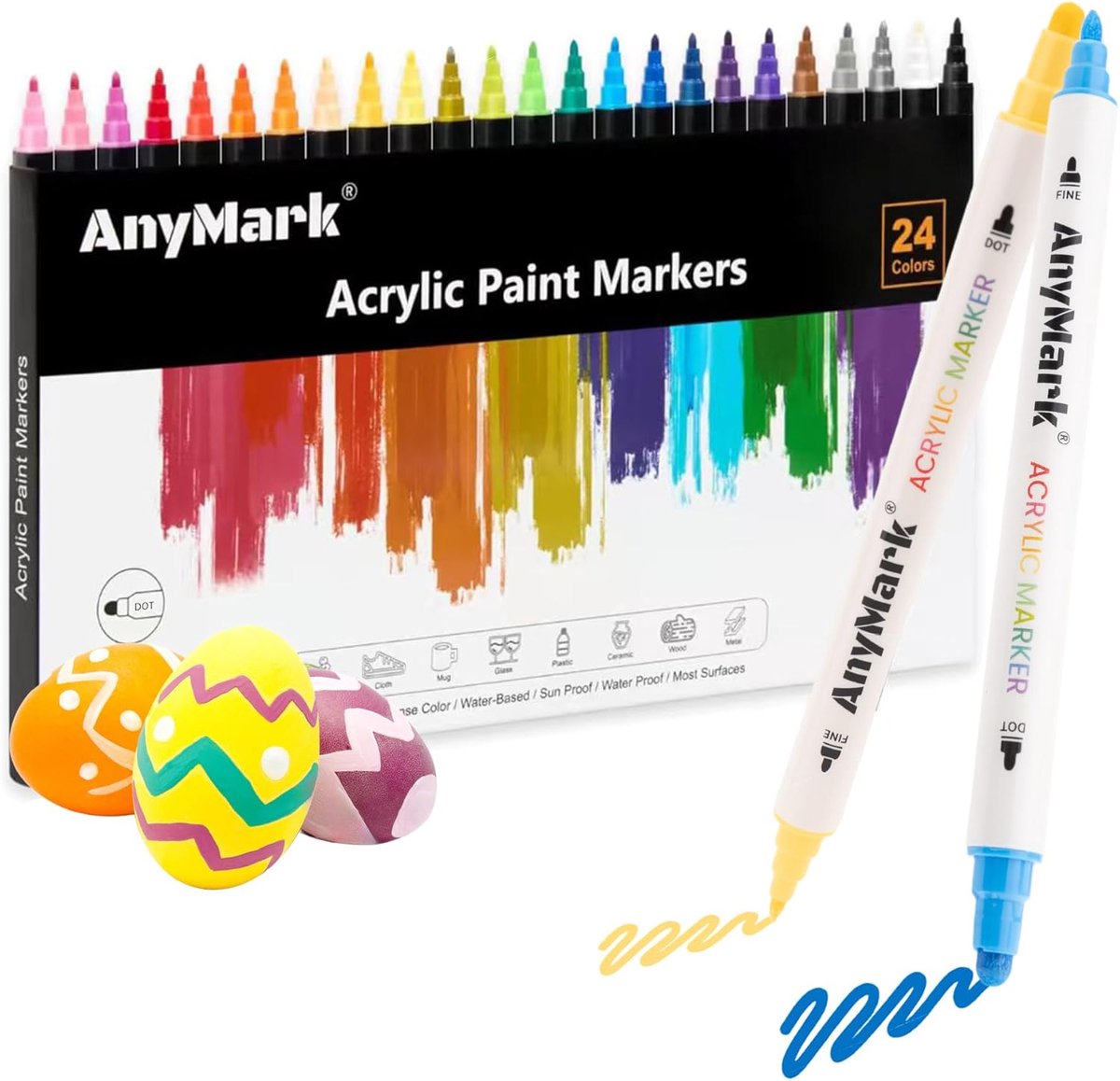 Thijox - 24 Kleuren Acrylverf Markers Dual-Tip met Ronde en Fijne Punt - Premium Acrylverfpennen voor Steen, Hout, Kalligrafie, Glas, Rotsbeschilderin