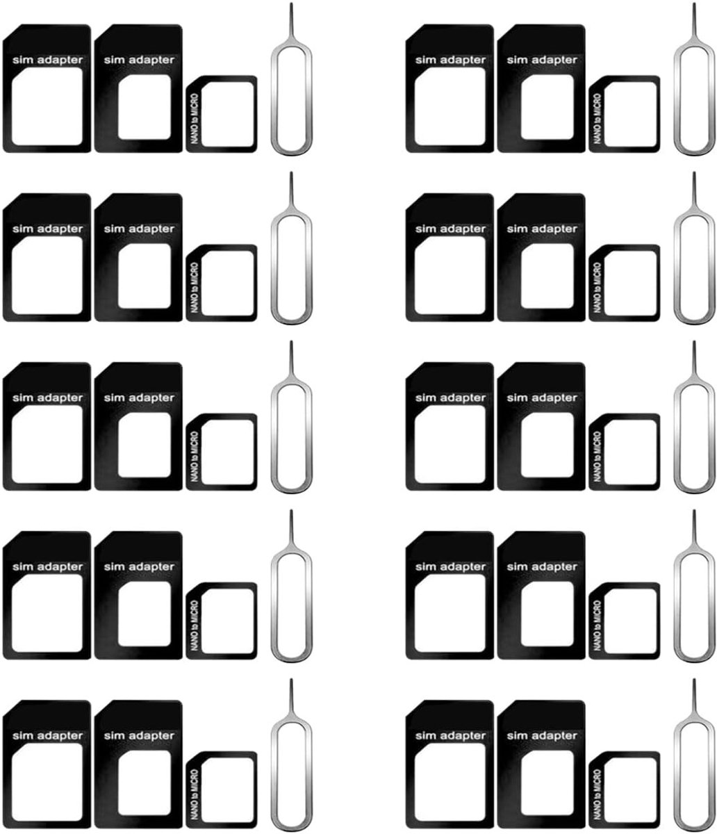 Set van 10 SIM Kaart Adapters, 4-in-1 Nano Micro Standaard Converter Kit met Stalen SIM Tray Eject Pin, Geschikt voor Meerdere Smartphones en Tablets