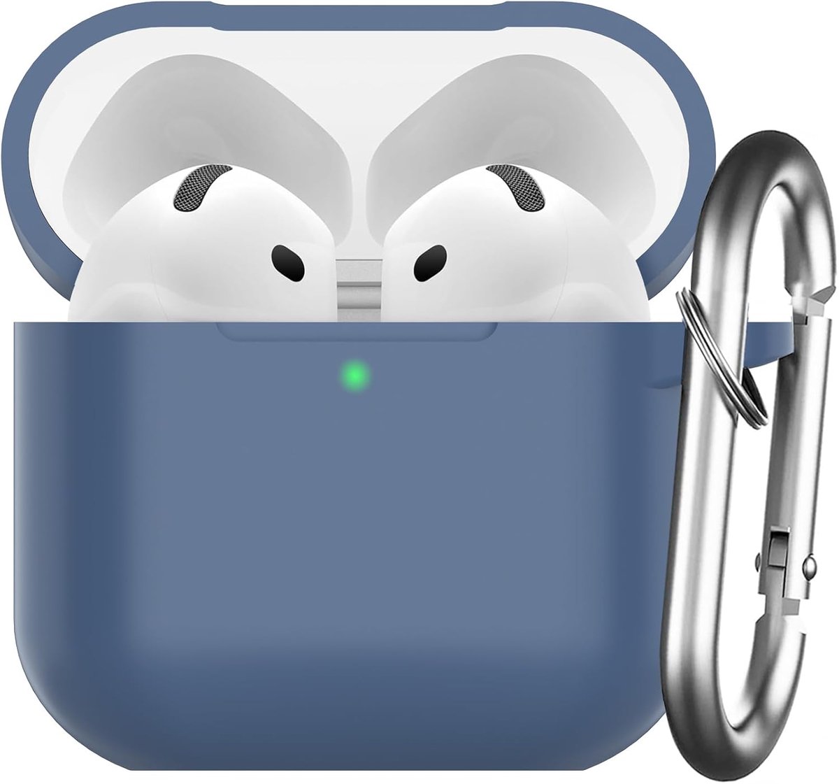 SnelShoppen - Silicone Hoes voor AirPods 4 2024 - Beschermende Case met Carabiner - Midnight Blue - Front LED Zichtbaar - 360° Bescherming