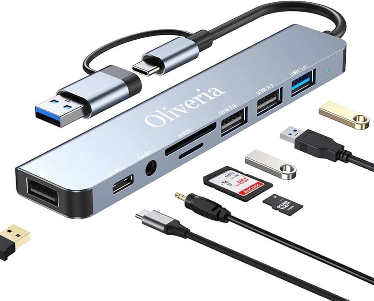SnelShoppen - USB C Hub 3.0 Multiport Adapter 8-in-2 met SD&TF Kaartlezer, USB 3.0 & 2.0 Poorten, 3.5mm Audio Poorten, Type C Hub voor MacBook, Galaxy