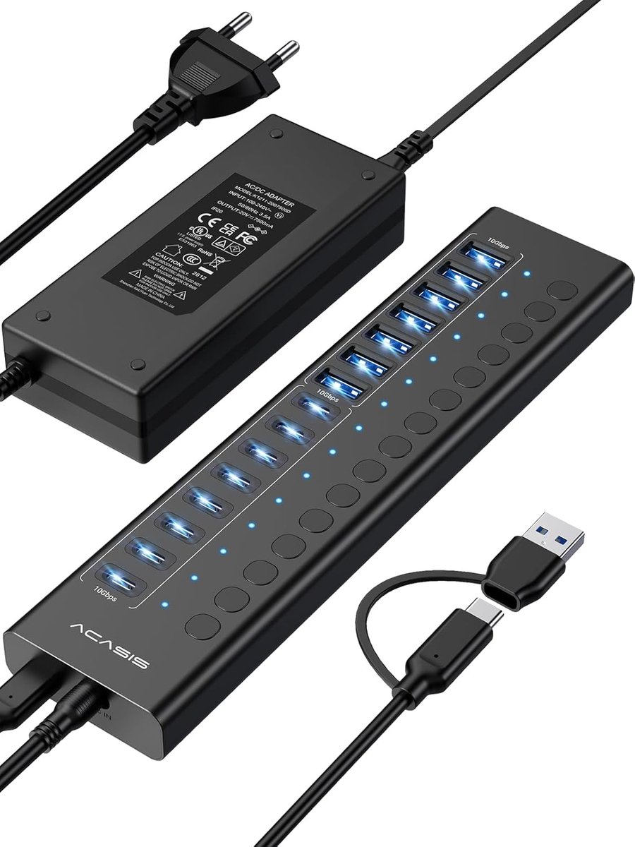 Thijox - Aangedreven USB 3.2 Hub met 16 poorten (8 USB-A + 8 USB-C), Aluminium, 96W Voedingsadapter, USB Hub voor PC, Laptop, Flashdrive, Printer, Cam