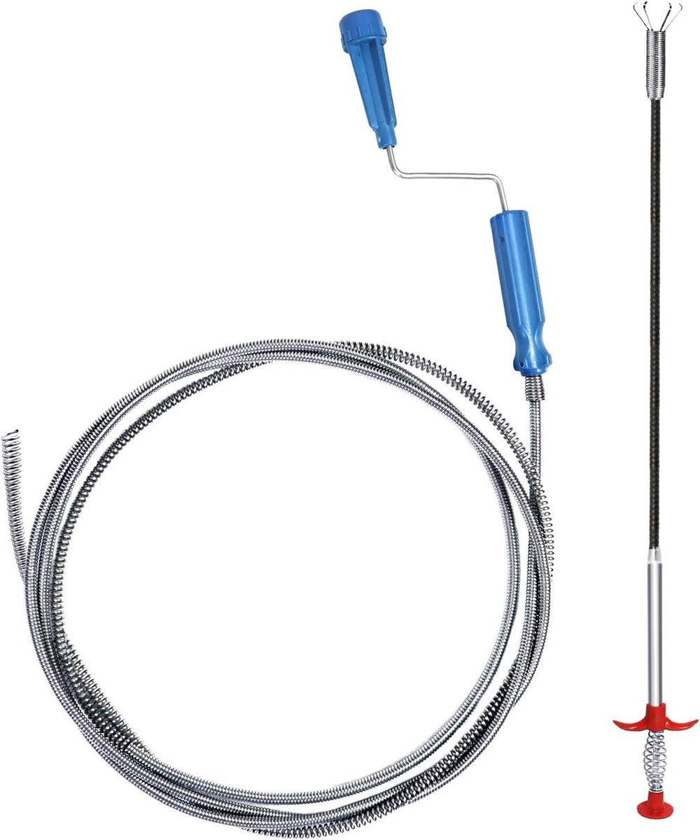 Afvoerreiniger Set - Verstoppingsverwijderaar - Verstopping Oplossen - Flexibele Grijper - 3m + 0.6m - Zilver