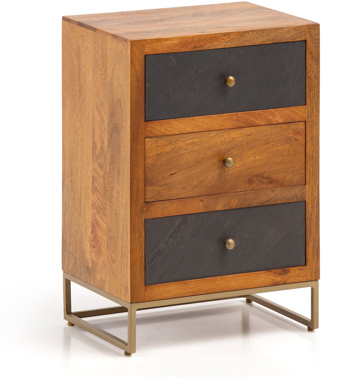Ervesto WL6.767 - Nachtkastje - Nachtkast - Mango Massief Hout En Metaal - 40x60x30 Cm - 3 Lades - Bruin En Antraciet - Handgemaakt - Voor Boxspringbed