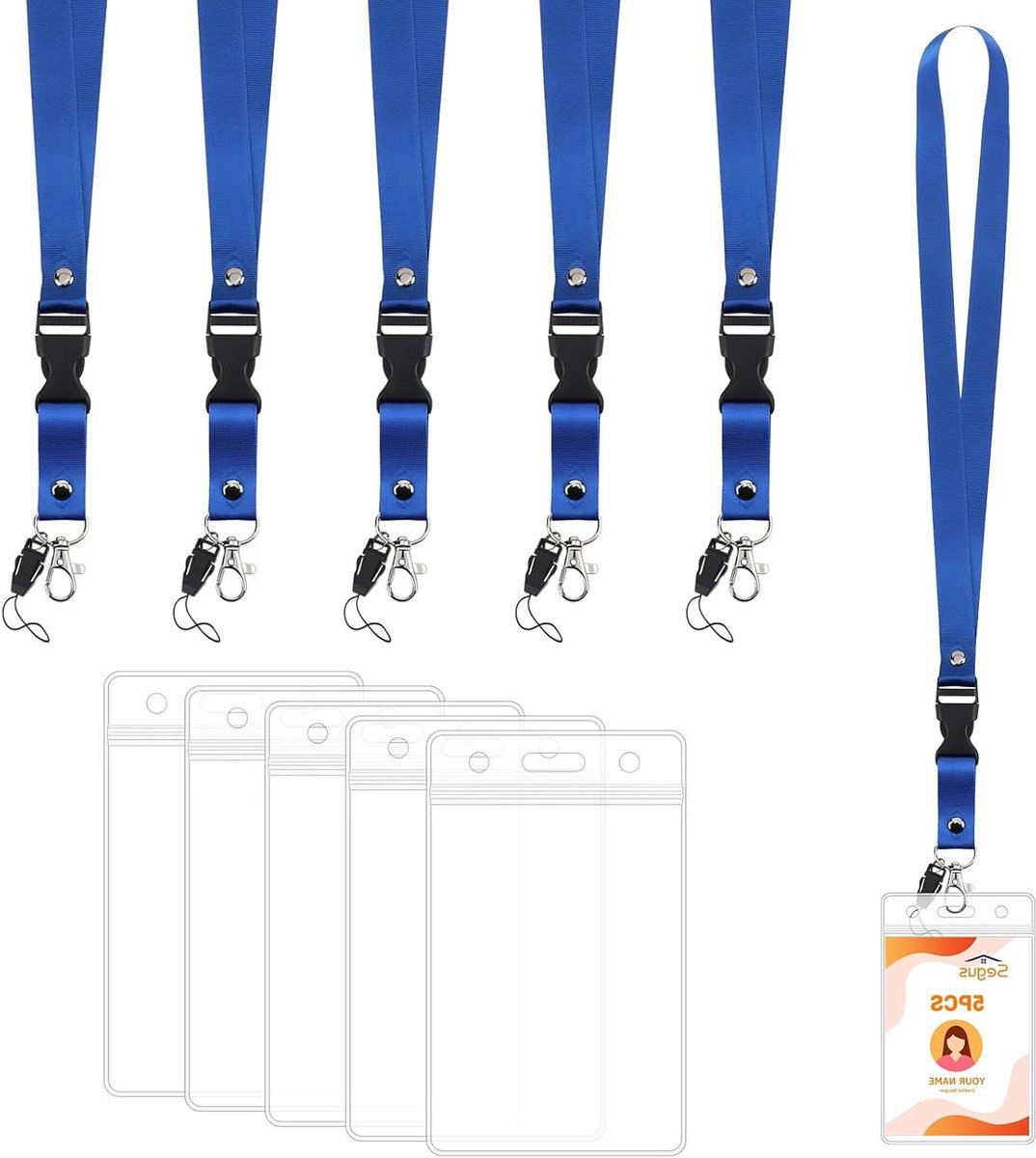 Kaarthouder met Lanyard - ID Houder Set - Toegangskaarten Tonen - Afneembare Gesp - 5 Stuks - Blauw