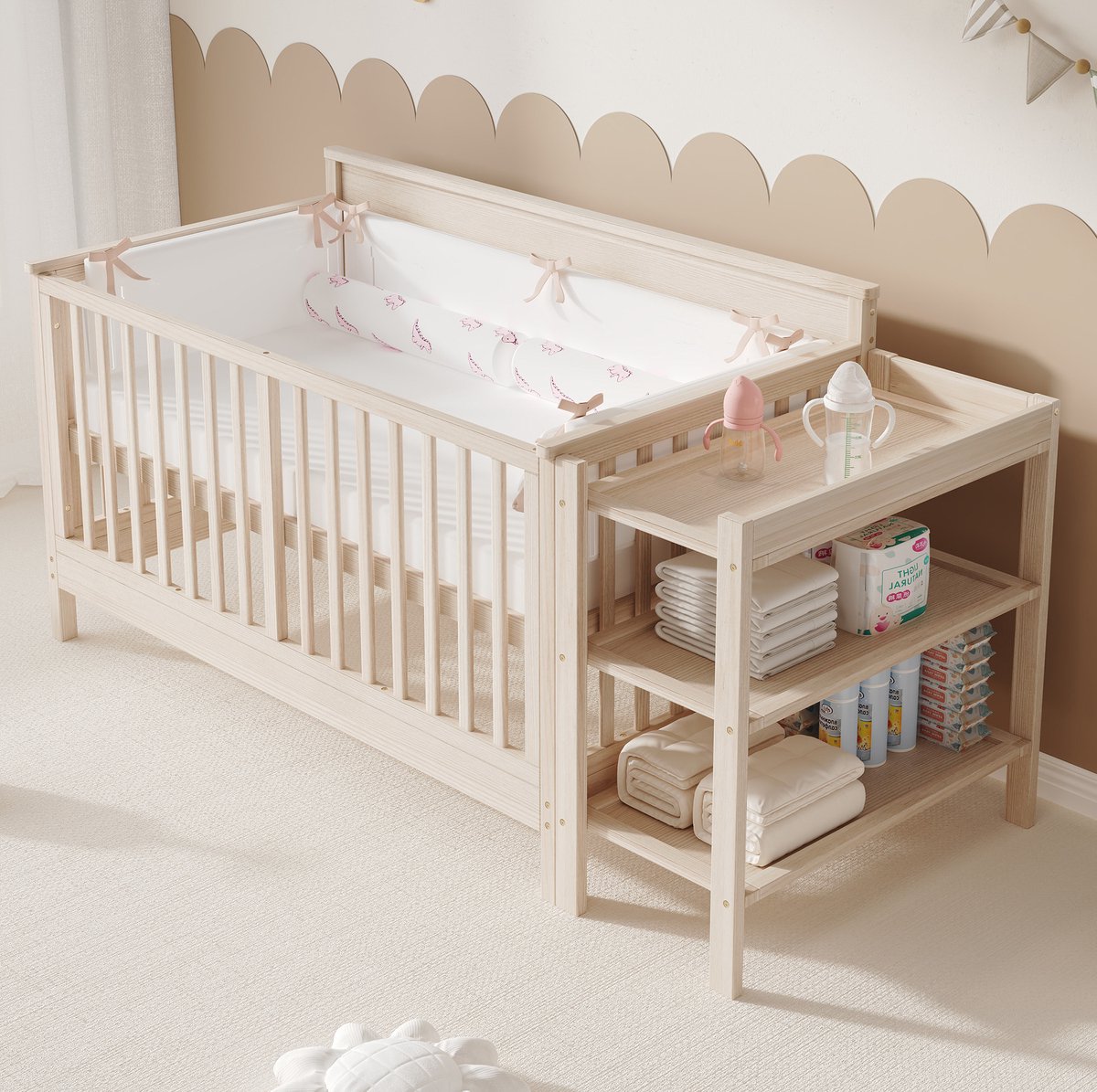 MIVRAY Babybed 140x70 cm - 3-in-1 Ledikant Met Verstelbare Hoogte en Aankleedtafel - Zonder Matras - Massief Grenenhout - Naturel