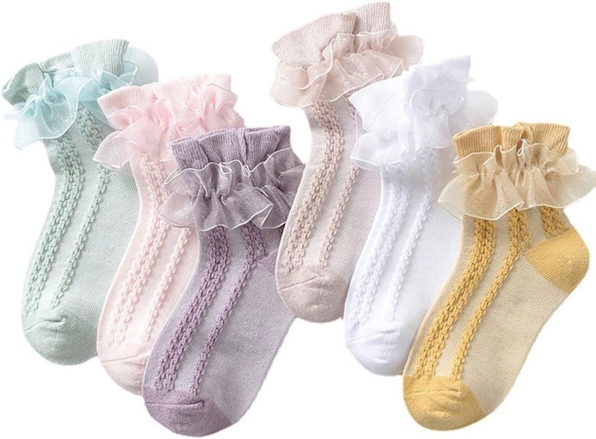 Schattige Rimpelsokken voor Baby's, Witte Kleur, 6 Paar, Geschikt voor 1-3 Jaar, Comfortabel en Ademend