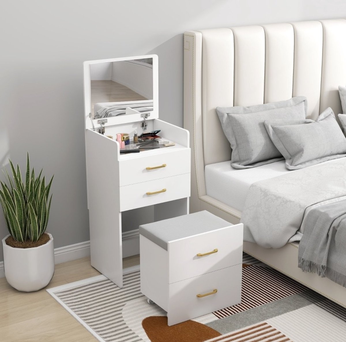 MEUNIQ 3-in-1 kaptafel met spiegel en rollhocker 48 x 40 x 90 cm, wit, met 2 lades, opklapbare sieradenvak, glazen blad en zijhaak voor slaapkamer