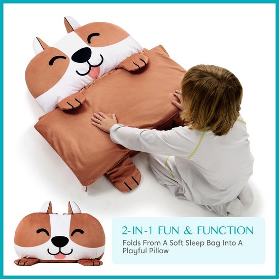 SnelShoppen - Peuter Nap Mat met Kussen en Deken - 152,4 cm x 68,6 cm - Zachte Pluche Slaapzak Bruine Hond - Ideaal voor Kinderen vanaf 3 Jaar - Voor — afbeelding 2