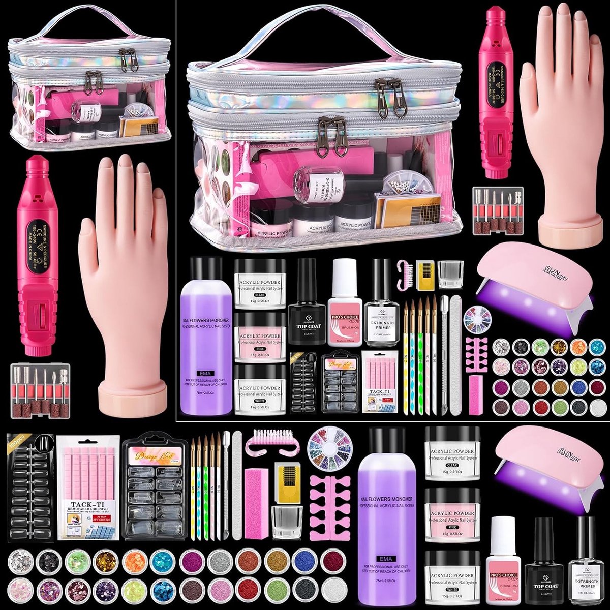 Acryl Nagelset voor Oefening: Compleet Manicure Set met UV Lamp, Elektrische Nagelboor en Valse Nageltips in Zilveren Cadeauzak