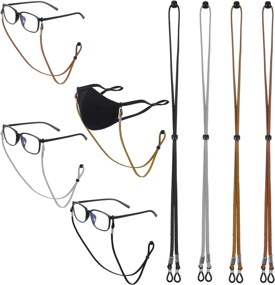 4-delige leren brillenketting, verstelbare brillenband voor mannen en vrouwen, universele zonnebril strap, trendy accessoires voor dagelijks gebruik