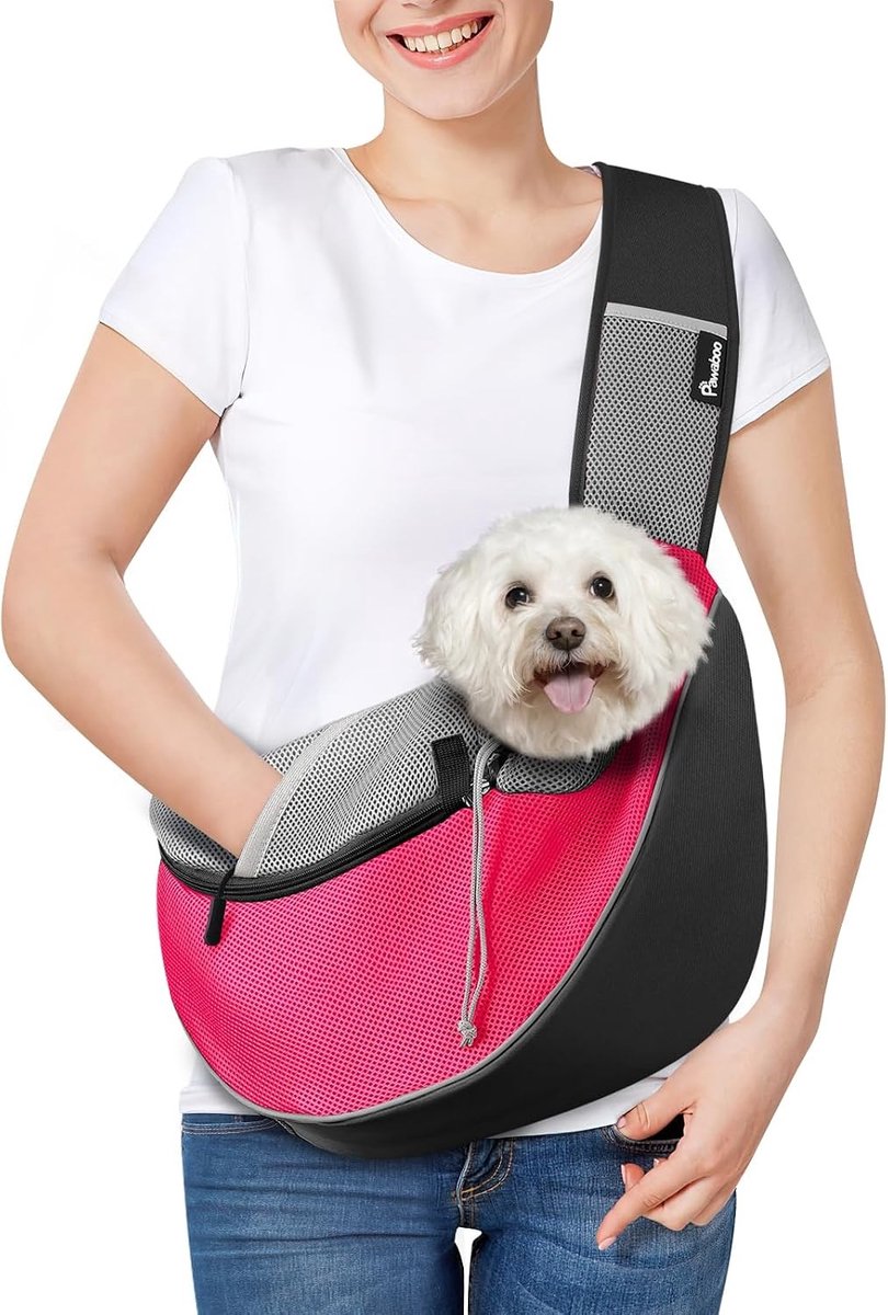 Honden Draagtas voor Puppy, Ademend Mesh, Handenvrije Draagoplossing met Verstelbare Schouderriem en Ritsvak, Ideaal voor Buitenshuis, Maat L, Roze