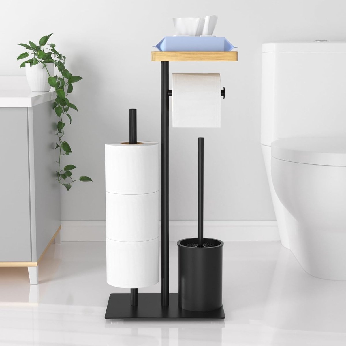 Stijlvolle Staande Toiletpapierhouder met Toiletreiniger en Doos voor Nat Wipes, Geen Boren Nodig, Mat Zwart, Ruimtebesparend en Modern Ontwerp
