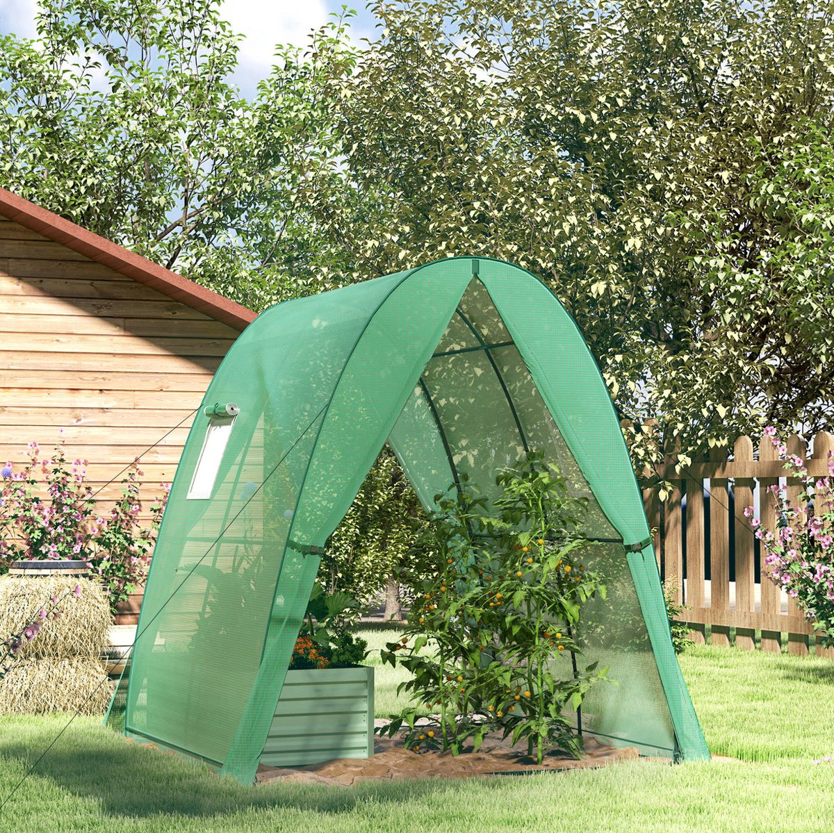 MEUNIQ Tomatenkas 180 x 180 x 200 cm met stalen frame, 2 ritsdeuren en 2 gaasramen, foliekas voor balkon en tuin, groen