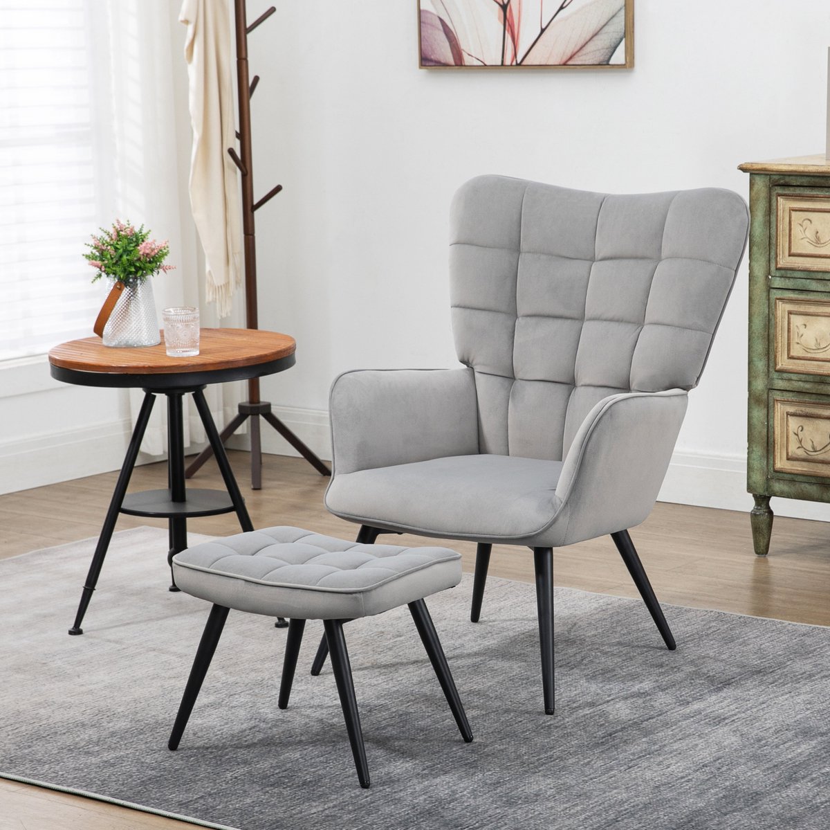 MEUNIQ fauteuil met hocker 73 x 77,5 x 98 cm hoge rugleuning en armleuningen, velvet look stoel met stalen poten, lichtgrijs, voor woonkamer of kantoor