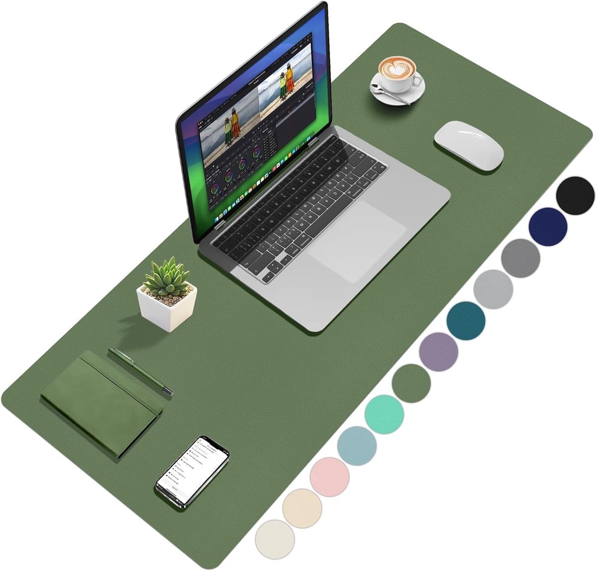 Stijlvol bureauonderlegger in olijfgroen, 100 x 40 cm, perfect voor kantoor en thuisgebruik