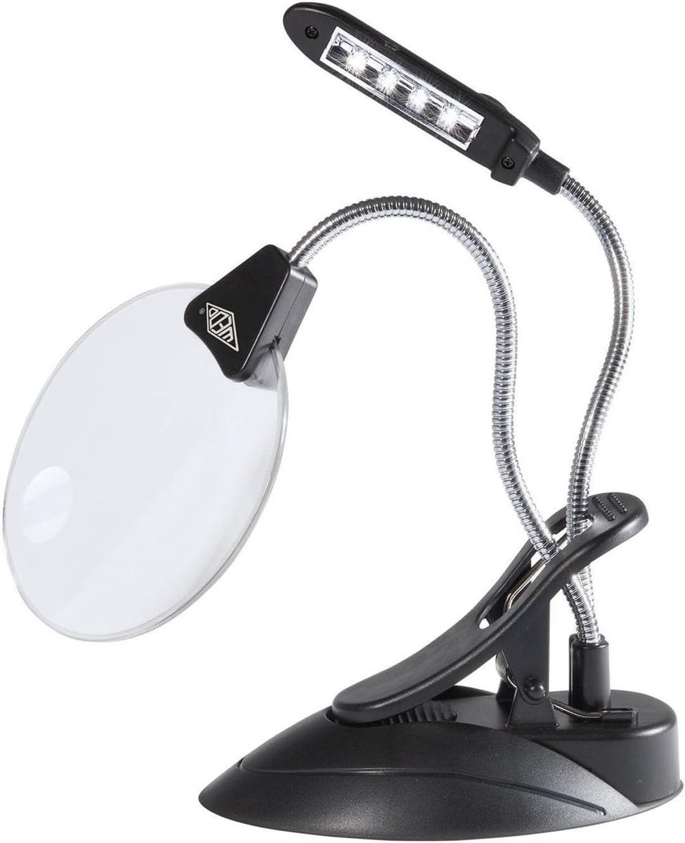 Thijox - Vergrootglas met LED-lamp en klem, 10,2 cm kunststof lens, 2x en 4x vergroting, flexibele hals, zwart voor knutselen, naaien, borduren, model