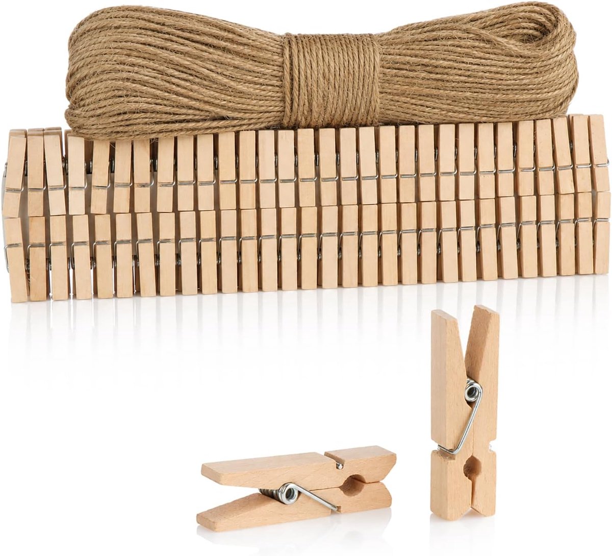 Thijox - 120 Mini Wasknijpers Houten Clips met 50m Jute Touw - Decoratie voor Foto's, Collages, Ansichtkaarten, Geluksgeschenken - Natuurlijke Kleur v