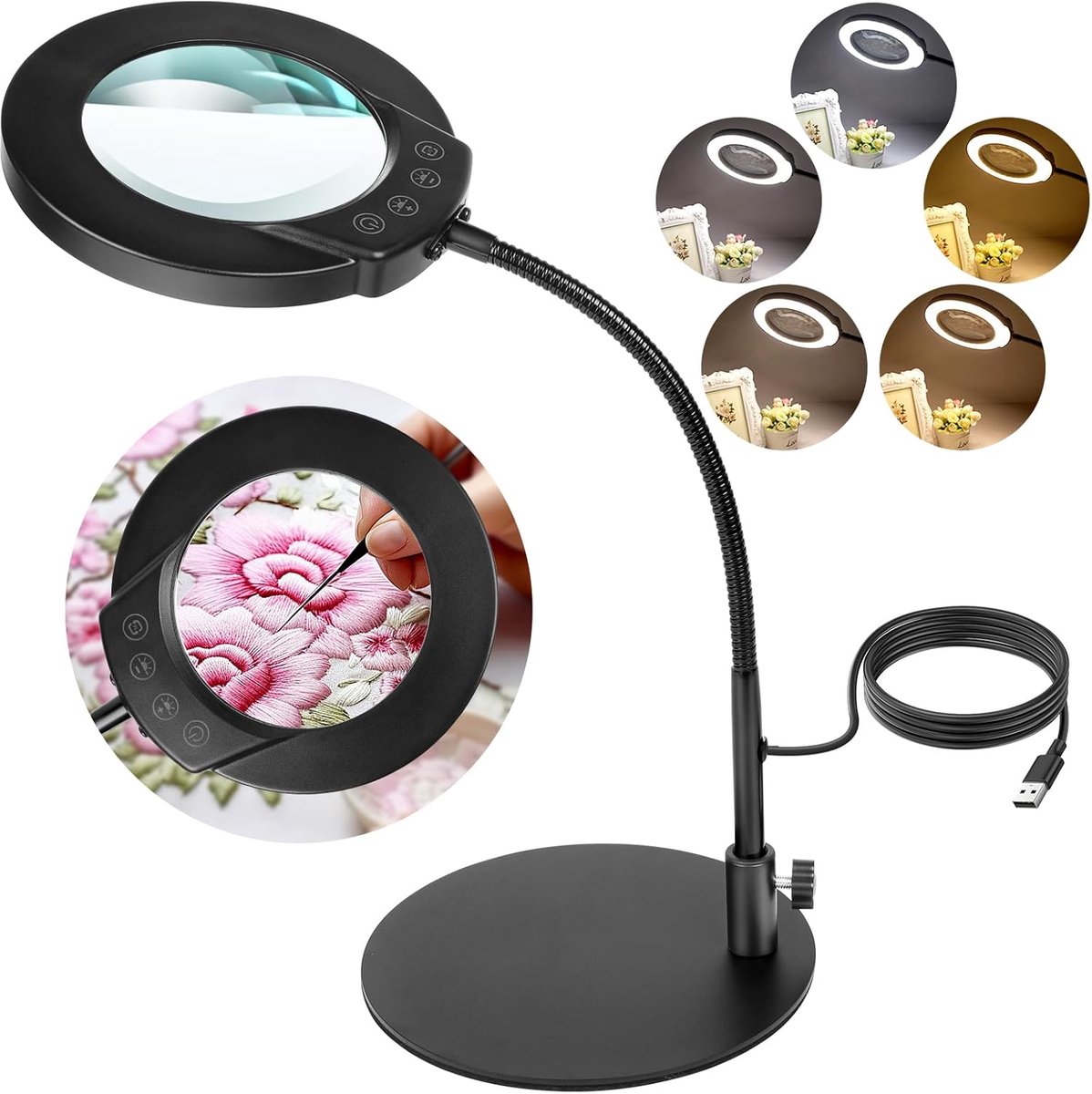 SnelShoppen - 10x Vergrootglas met Licht en Standaard, Traploos Dimbare LED Bureaulamp, 5 Kleurmodi, Ideaal voor Handwerk, Hobby, Schilderen, Lezen, N