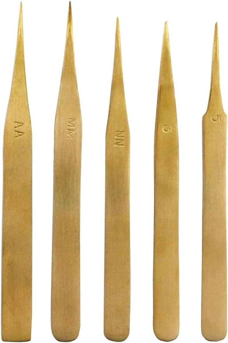 Thijox - 5 Handgemaakte Horlogemakers-Pincetten Set - Messing - Niet-Magnetisch - Gouden Pincetten voor Solderen, Sieraden Maken en Horlogereparatie