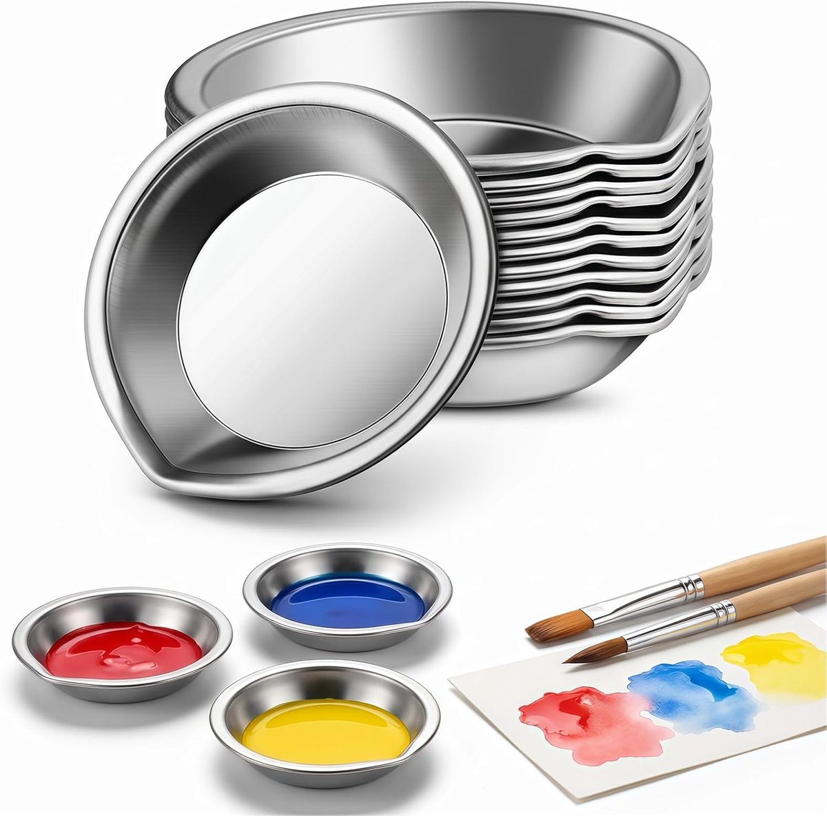 Thijox - 12 Stuks Roestvrij Staal Verfmengpalet Schalen - Klein Rond Dienblad voor Pigmenten en Airbrush-Verf - Zilverkleurig Mengtool voor Thuis en W