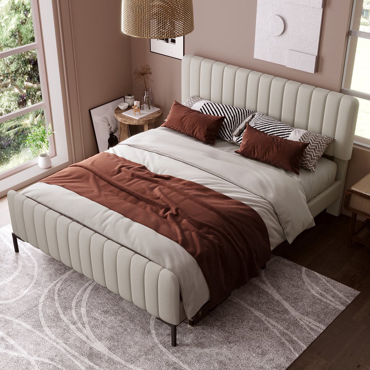 FloraGrace Bed 180x200 cm - Tweepersoonsbed Met Verstelbaar Hoofdbord En Lattenbodem - Zonder Matras - Stof Hout Metaal - Grijs Beige