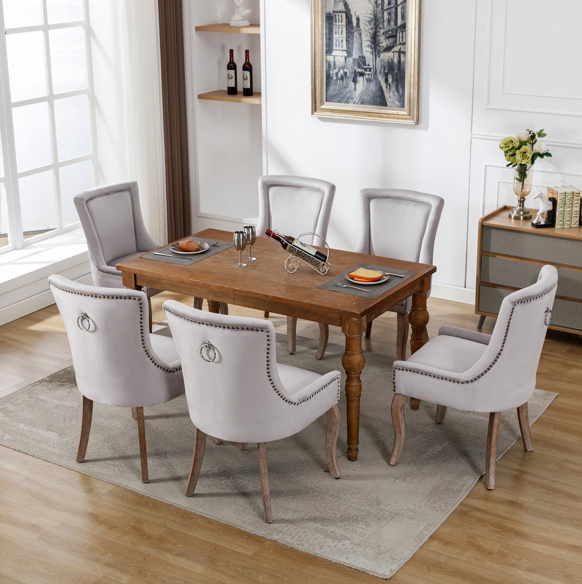 DESMIU Eetkamerstoel 55 Cm - Set Van 6 Met Gestoffeerde Zitting En Gebogen Rugleuning - Voor Eetkamer En Woonkamer - Velvet Grijs