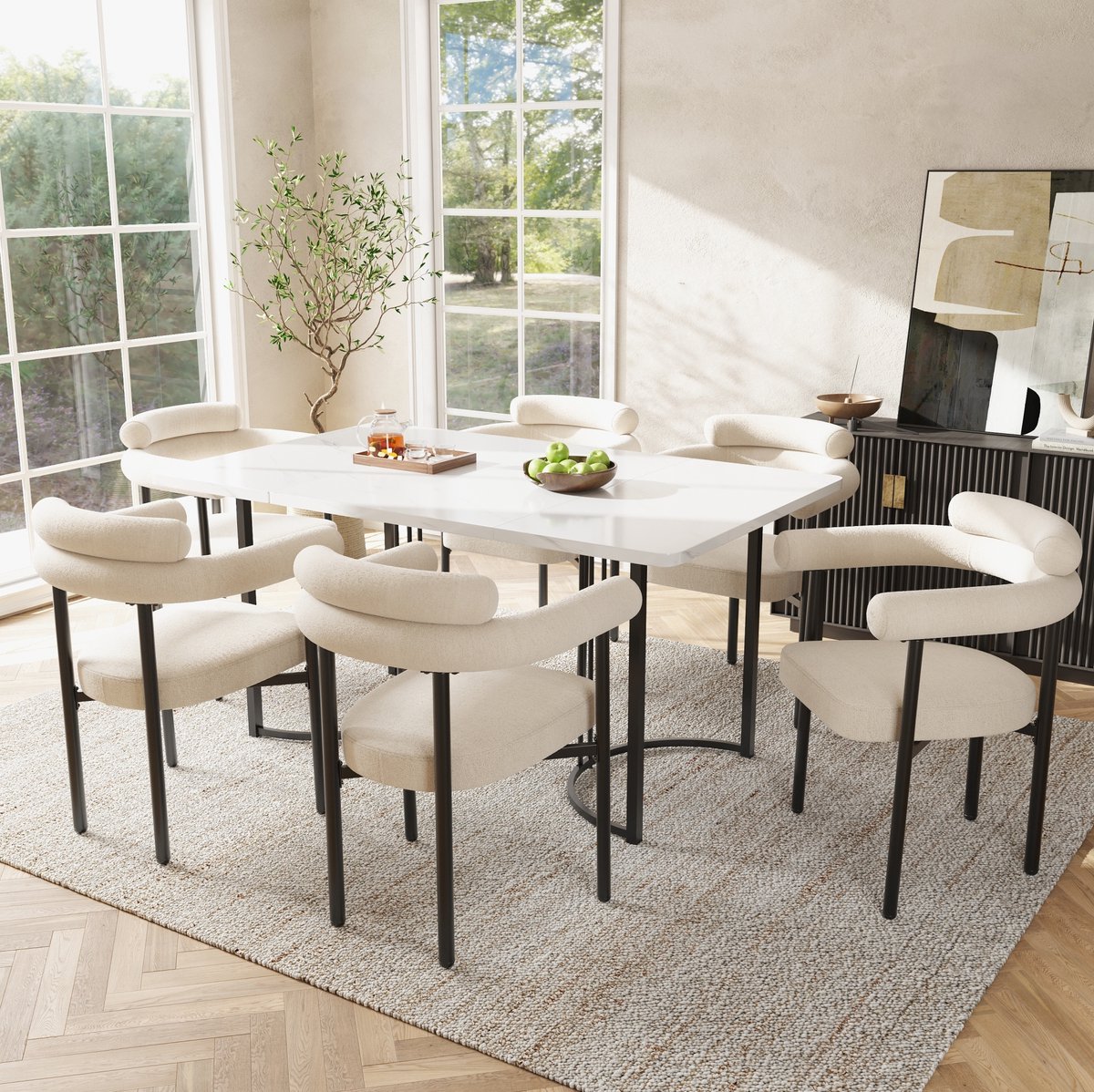 DESMIU Eetkamerstoel 70 x 62 x 84 cm - Set Van 6 Met Armleuningen En Ergonomische Rugleuning - Voor Eetkamer Woonkamer En Werkkamer - Stof Beige