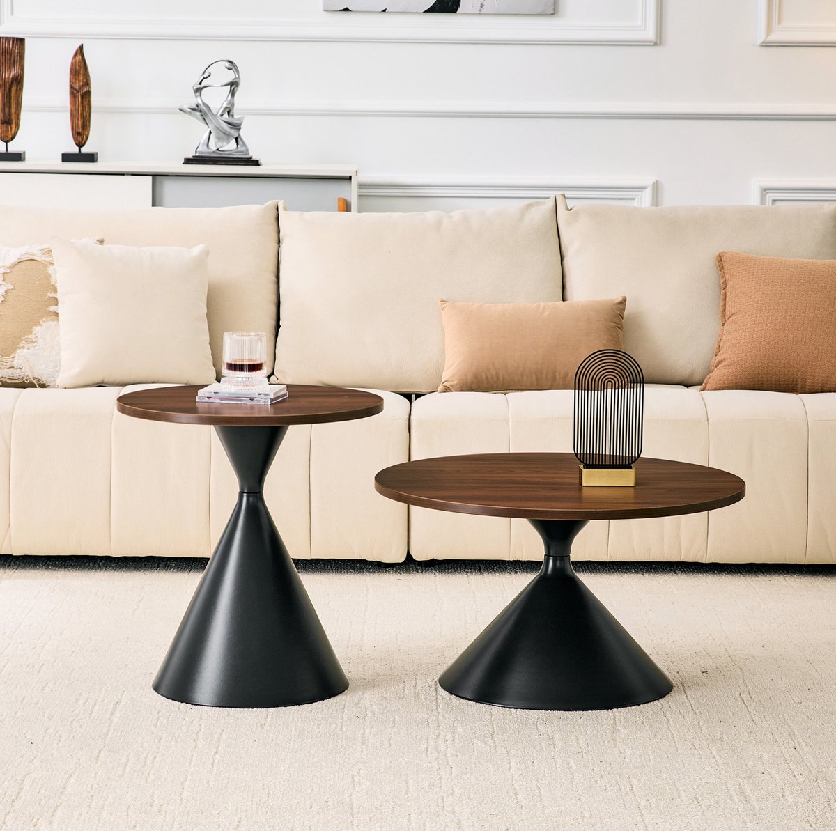 MIVRAY Salontafelset - 2 Delige Ronde Nestbare Tafels Voor Woonkamer Slaapkamer En Kantoor - Walnootlook En Zwart Metaal - 70 Cm