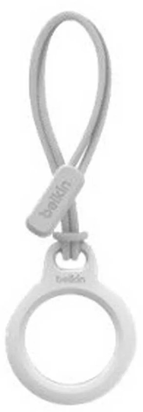 Grijze Belkin AirTag houder met lus, rond frame.