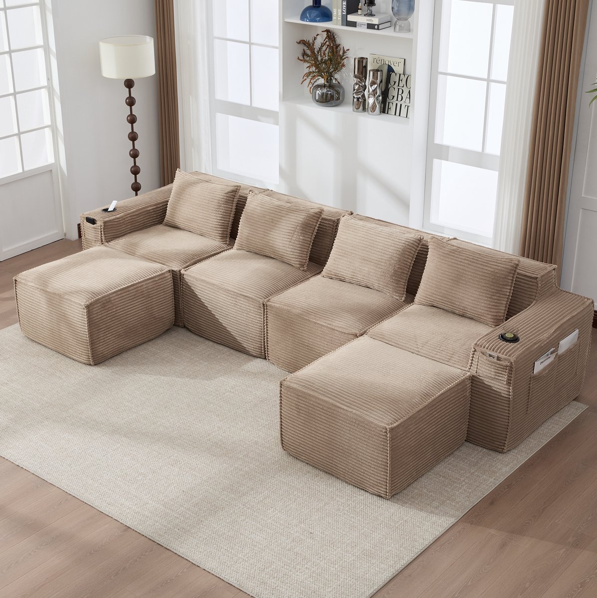 FloraGrace Set Bank 330 x 162 x 75 cm - 4-Zits Modulaire Bank Met 2 Hockers, Bekerhouders En Zijvakken - Woonkamer - Corduroy - Khaki