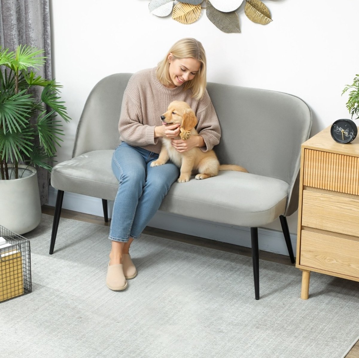 FloraGrace Zitbank 127 x 63 x 84,5 cm - 2-Zits Bank Met Ergonomische Rugleuning En Verstelbare Poten - Woonkamer Of Leeshoek - Fluweelachtige Stof En Metaal - Grijs