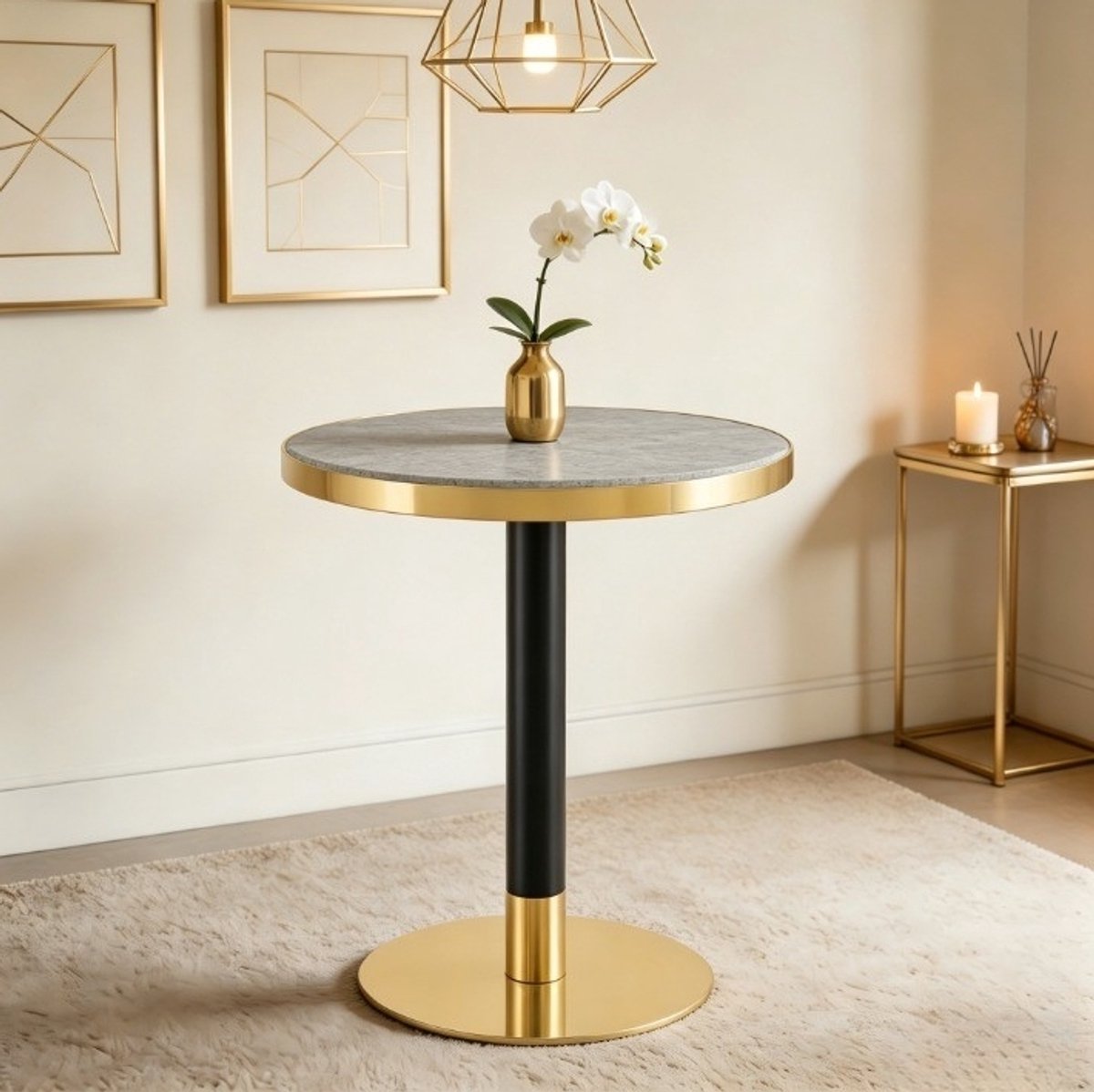 MIVRAY Bijzettafel - Rond Met Marmerlook En Gouden Rand - Voor Woonkamer Slaapkamer Of Balkon - MDF En Metaal - 60 X 73,7 Cm - Grijs