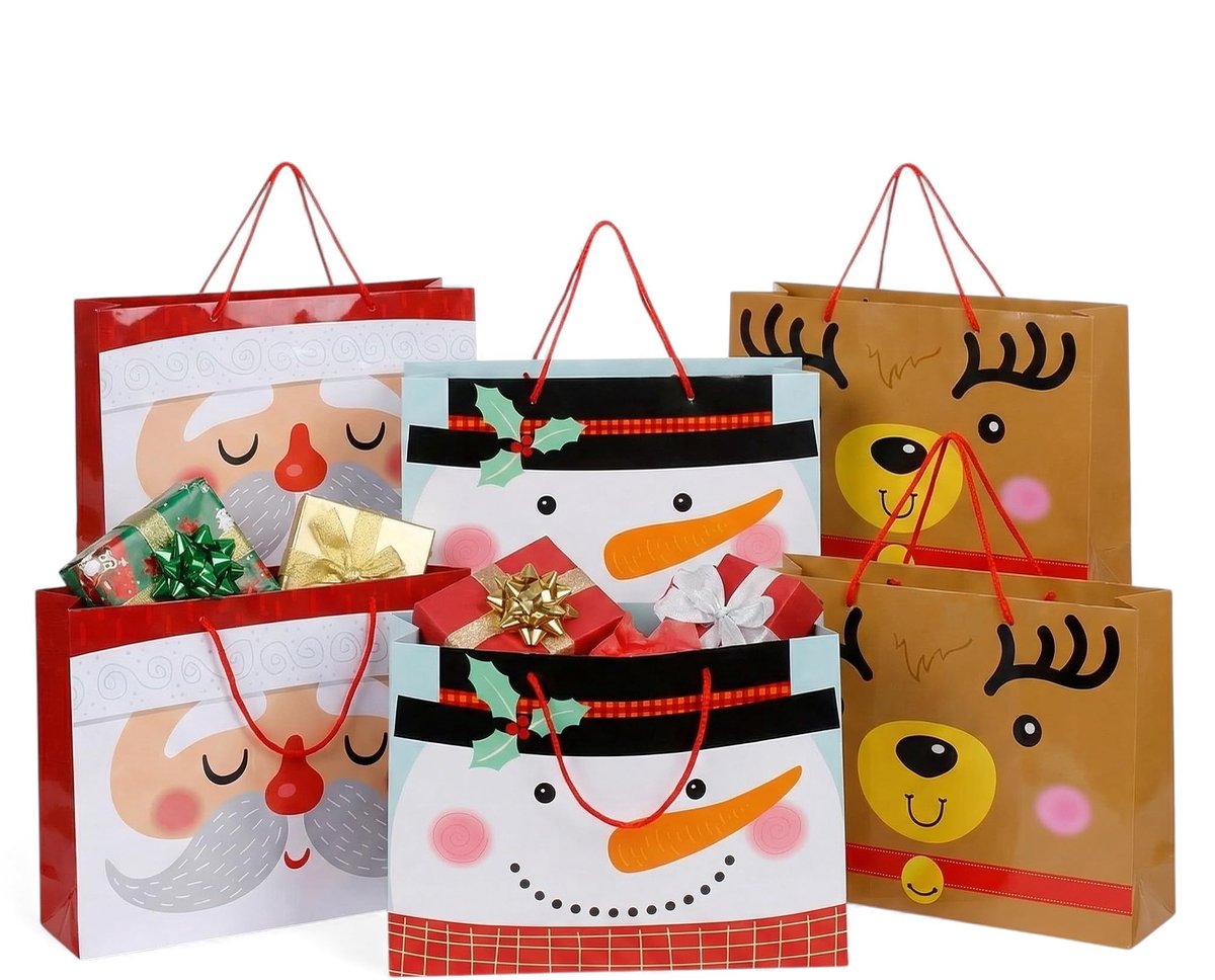 Dailygoods- Kerstcadeautas set van 6 - Feestelijke geschenkverpakking - Robuuste papieren zakken - Verschillende designs - 34 x 24 x 8 cm - Kerstmotieven - Cadeauzak