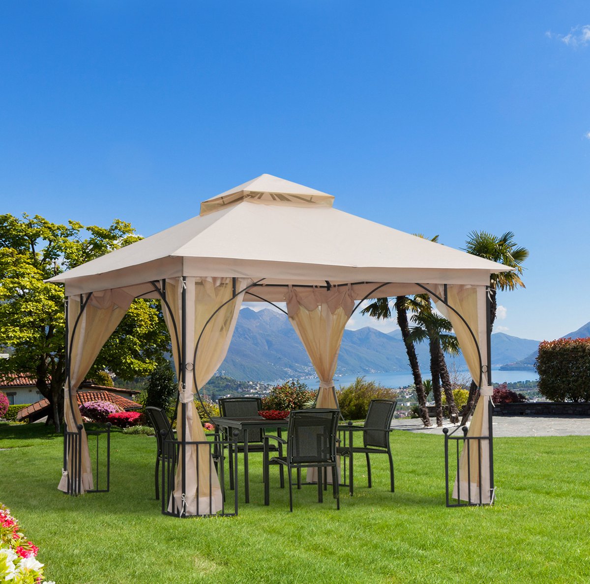 MEUNIQ partytent paviljoen 295 x 295 x 275 cm met dubbel dak, 4 zijwanden van muskietennet met rits, 8 afwateringsogen en metalen frame voor tuin of terras, beige