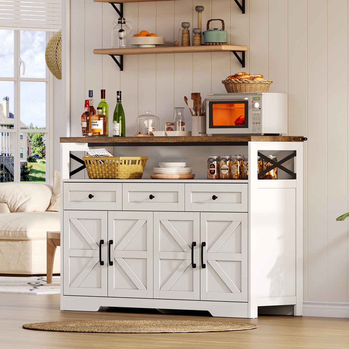DESMIU Dressoir - Landelijk Opbergkast Met 3 Lades En Deuren - Voor Keuken Woonkamer En Hal - MDF - 140x35x95 Cm - Bruin Wit