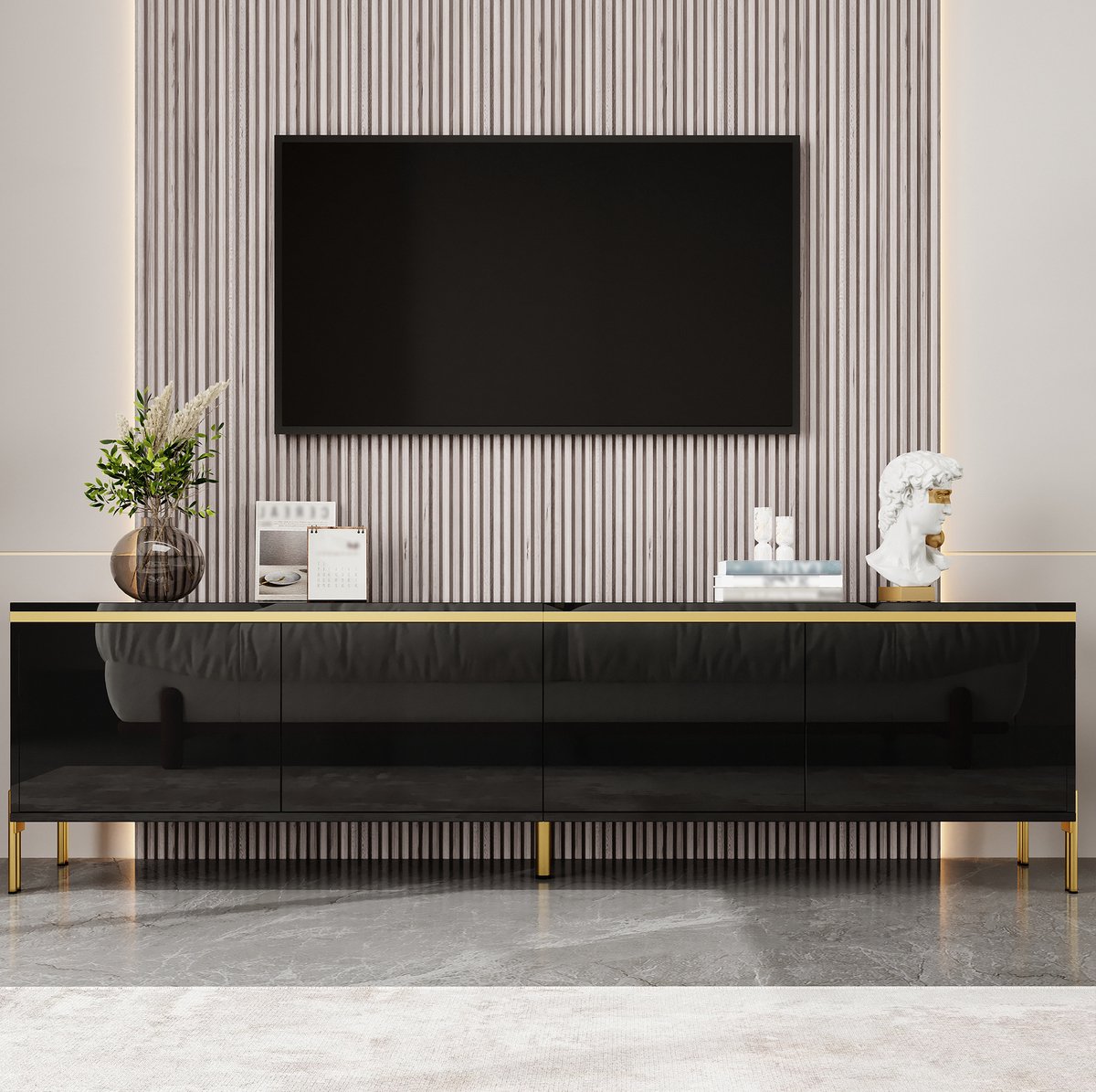 MEUNIQ TV-kast 170 x 38 x 50 cm met 4 deuren, kabeldoorvoer, gedeeltelijk hoogglans, gouden accenten en metalen poten voor woonkamer, zwart